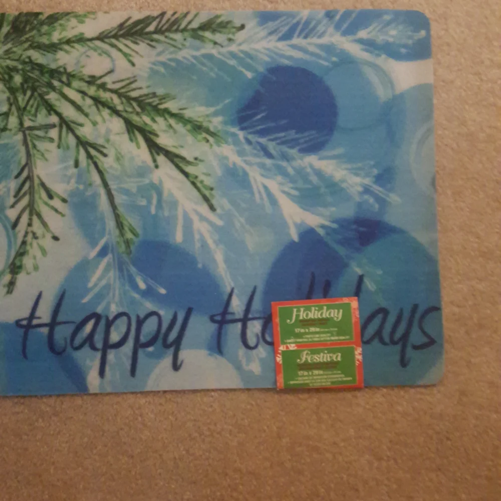 Happy Holiday blue and white Accent mat 17 in x 29 in new w tags.
